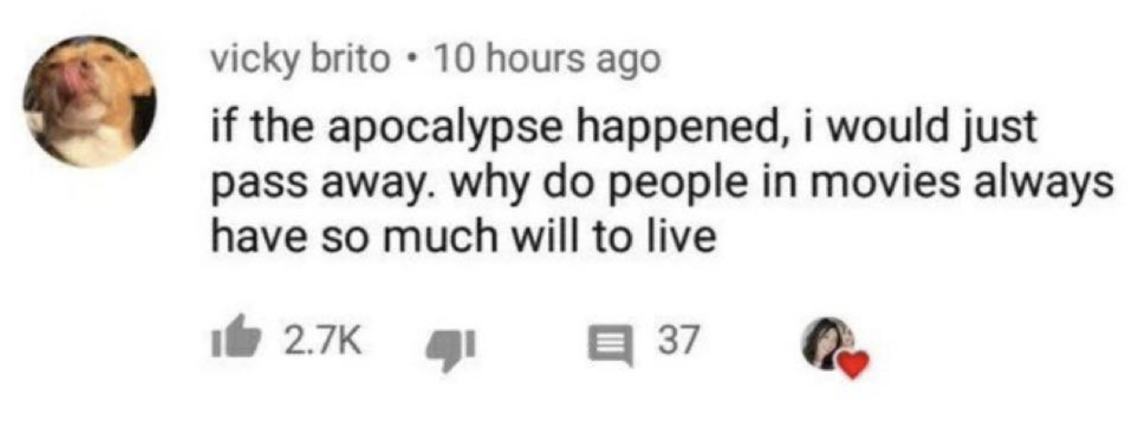 ladybug - vicky brito 10 hours ago if the apocalypse happened, i would just pass away. why do people in movies always have so much will to live , 37